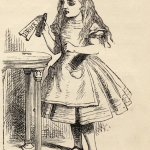 An illustration of Alice from Alice's Adventures in Wonderland holding a vial tagged "drink me."