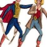 A cutout of two men. The one on the left holds a sword loosely and has his hand on the other man's shoulder. The man on the right is leaning away from the other man.