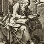 A detailed drawing of Saint Paul writing in a large book.