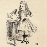 An illustration of Alice from Alice's Adventures in Wonderland holding a vial tagged "drink me."