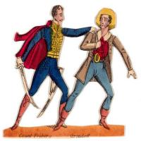 A cutout of two men. The one on the left holds a sword loosely and has his hand on the other man's shoulder. The man on the right is leaning away from the other man.