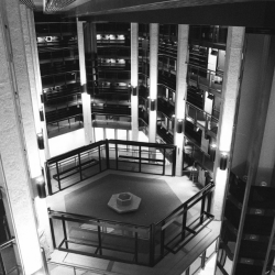 Photograph of empty stacks of Fisher Library