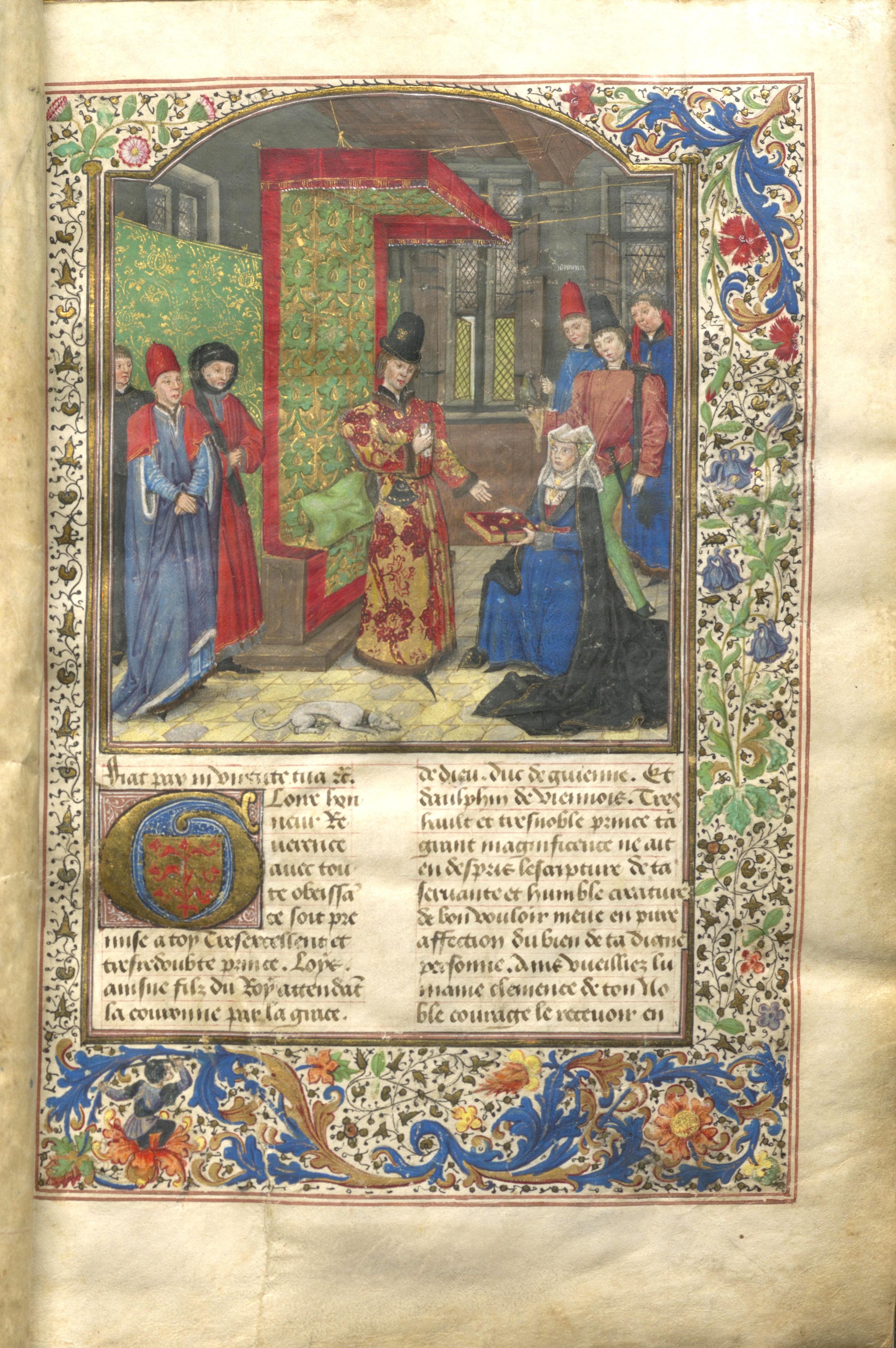 Opening page of Christine de Pizan presenting manuscript to the Dauphin Louis