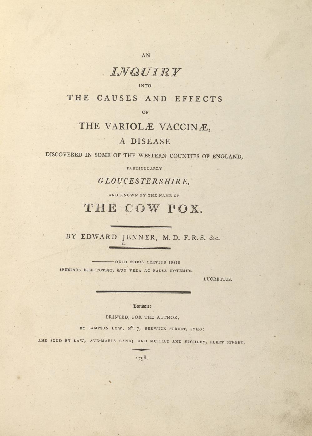 Title page for Inquiry Into the Variolae Vaccinae Known as the Cow Pox