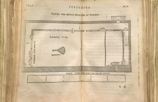 Illustration of a court from Scaino's book of tennis