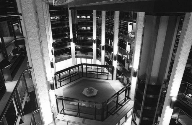 Photograph of empty stacks of Fisher Library
